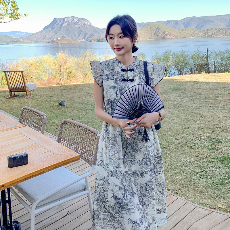 新品新中式水墨画盘扣连衣裙A801P115K168,女装连衣裙,2C269