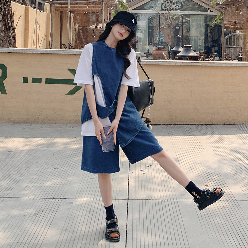 牛仔时尚套装女2025新款设计感夏装搭穿搭配一整套阔腿短裤两件套,女装套装/套裙,2C112