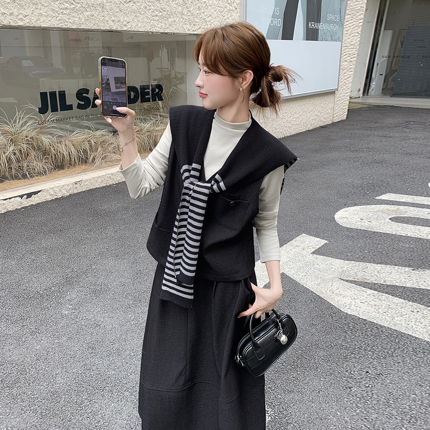 韩系披肩马甲打底衫套装女2025秋季新款时尚显瘦半身裙淡人三件套,女装套装/套裙,2D035