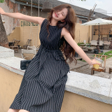 法式复古气质条纹背心连衣裙女2025夏季新款韩系收腰显瘦盐系长裙，女装连衣裙，2C107