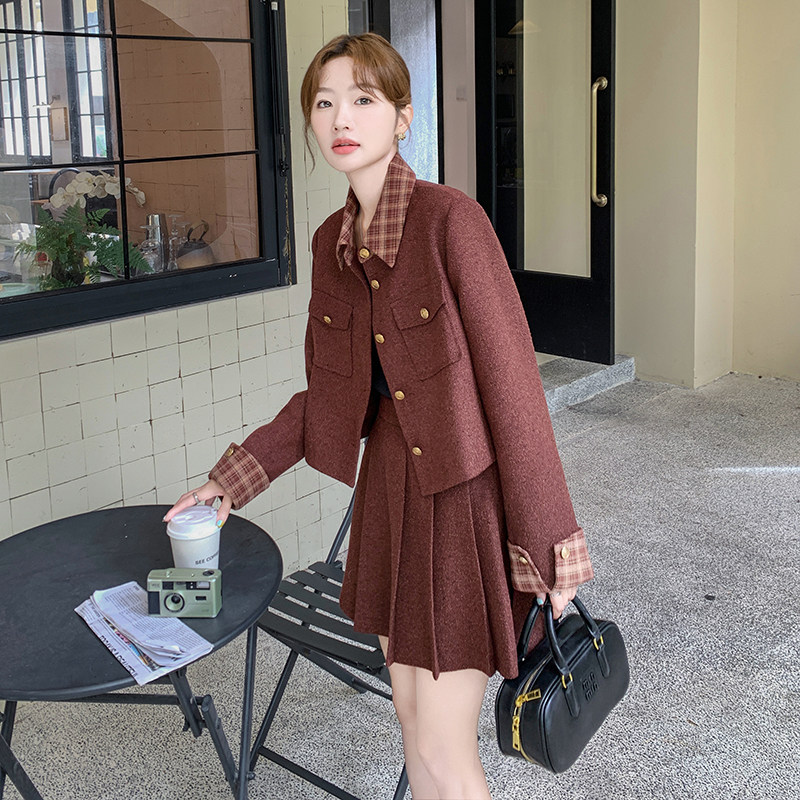 安可拉红套装裙女春秋法式超好看短外套百褶裙两件套6073P185K268,女装套装/套裙,2C166