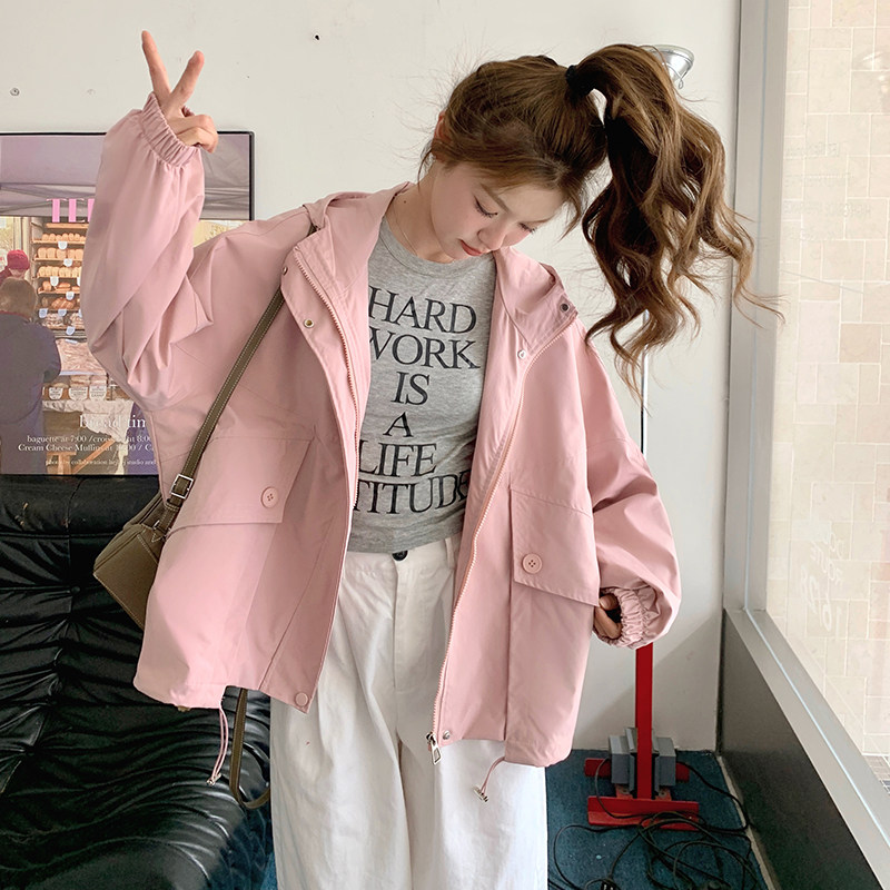 大口袋抽绳连帽风衣外套女2025年秋季新款小个子韩版工装冲锋衣潮,女装风衣,2C217