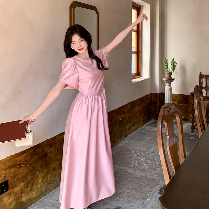 法式甜美方领泡泡袖连衣裙女2025夏季新款温柔风气质减龄掐腰长裙图片