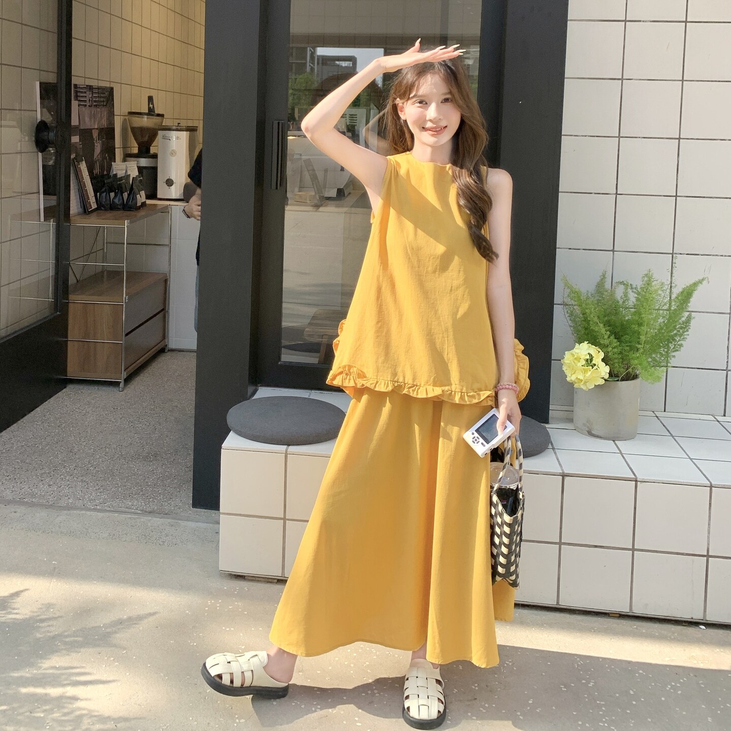 韩系穿搭一整套女2025夏季新款时尚荷叶边无袖背心连衣裙两件套装,女装套装/套裙,2C166