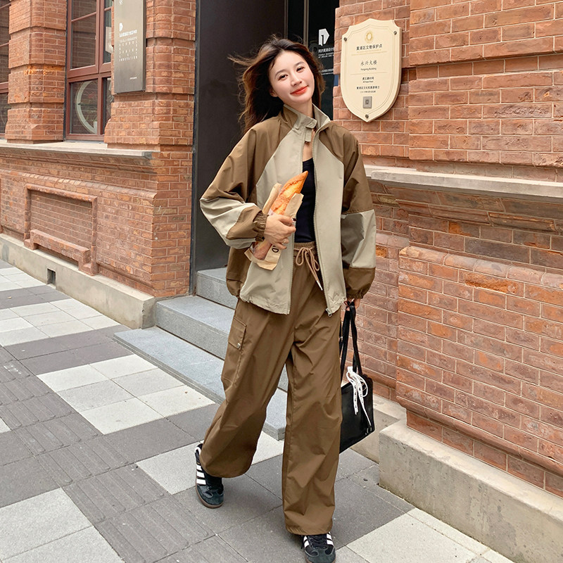 撞色拼接工装外套阔腿裤套装女2025春秋季新款韩版休闲显瘦两件套图片