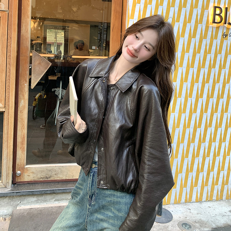 美式复古休闲皮衣外套女2025春季新款高级感气质百搭小个子皮夹克,女装皮衣,2C135