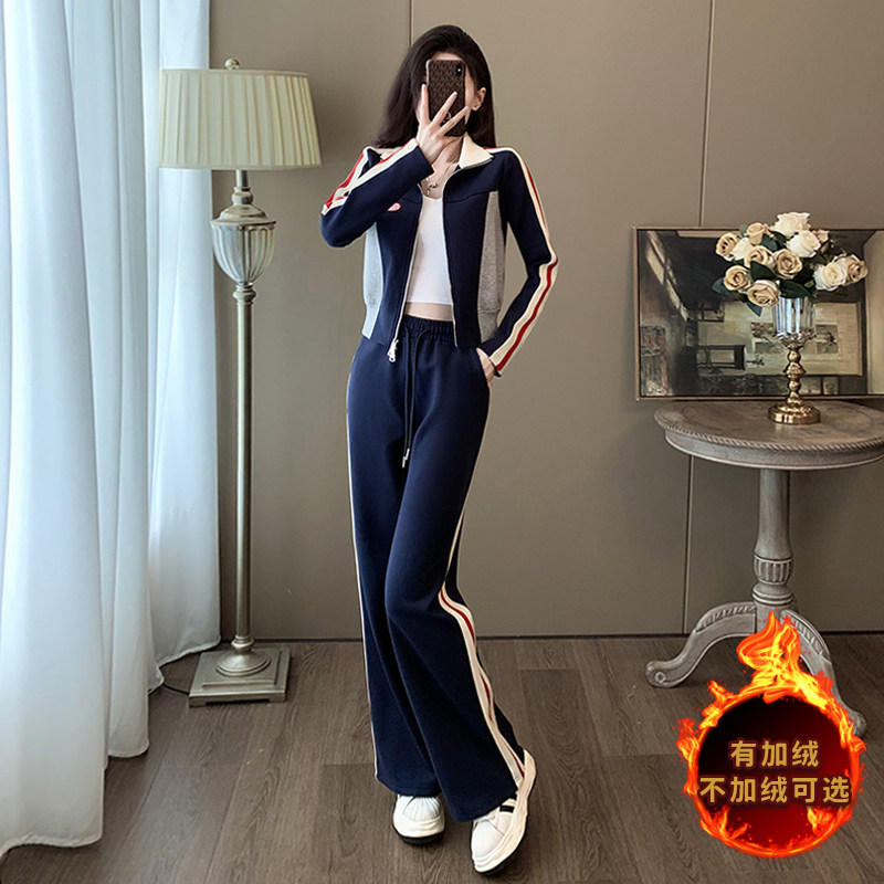 女秋冬季新款洋气加绒拼色立领开衫套装,女装套装/套裙,2C310
