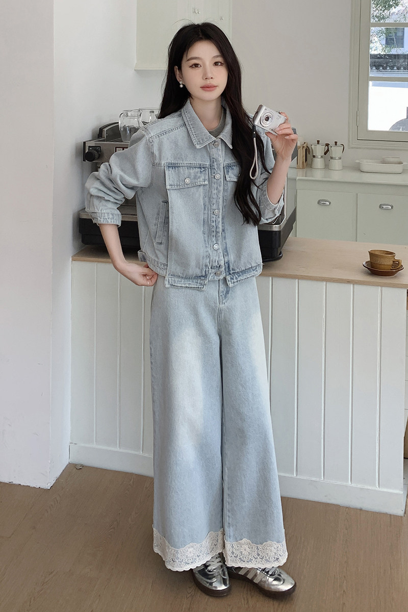 蓝色牛仔套装女款2025春季新款韩系设计感蕾丝拼接阔腿裤两件套,女装套装/套裙,2C212