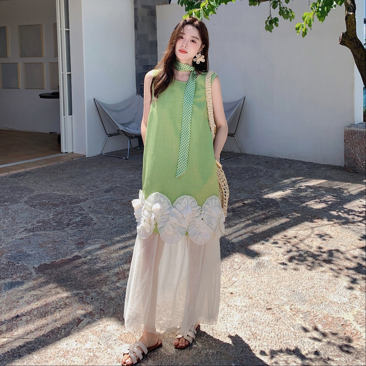 重工无袖立体花边拼接连衣裙女夏季2025甜美慵懒风撞色假两件长裙,女装连衣裙,2D008