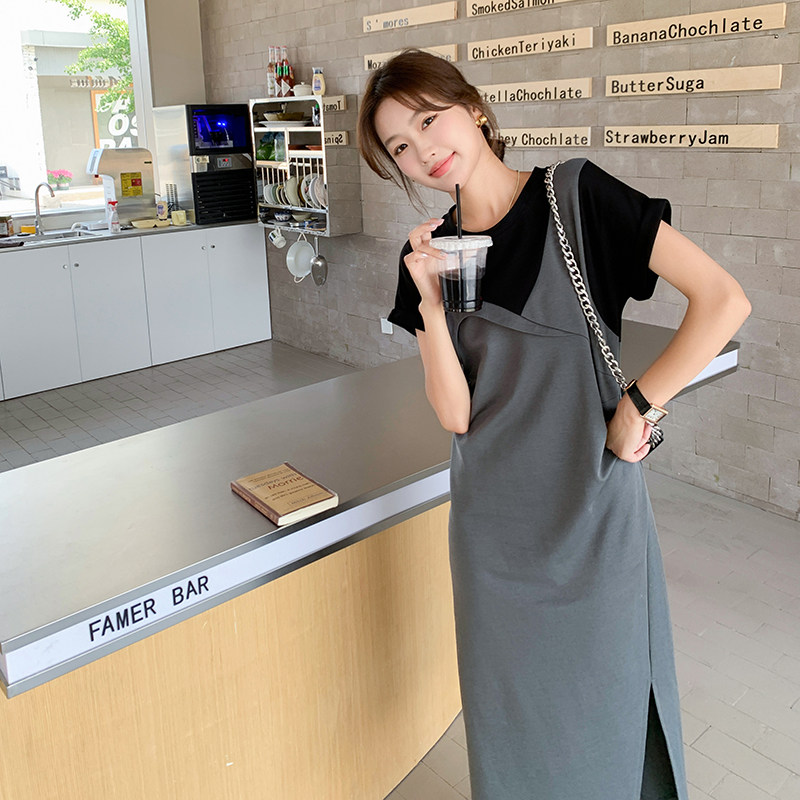 撞色拼接连衣裙假两件女夏季收腰显瘦法式茶歇时尚气质高级感裙子,女装连衣裙,2C066