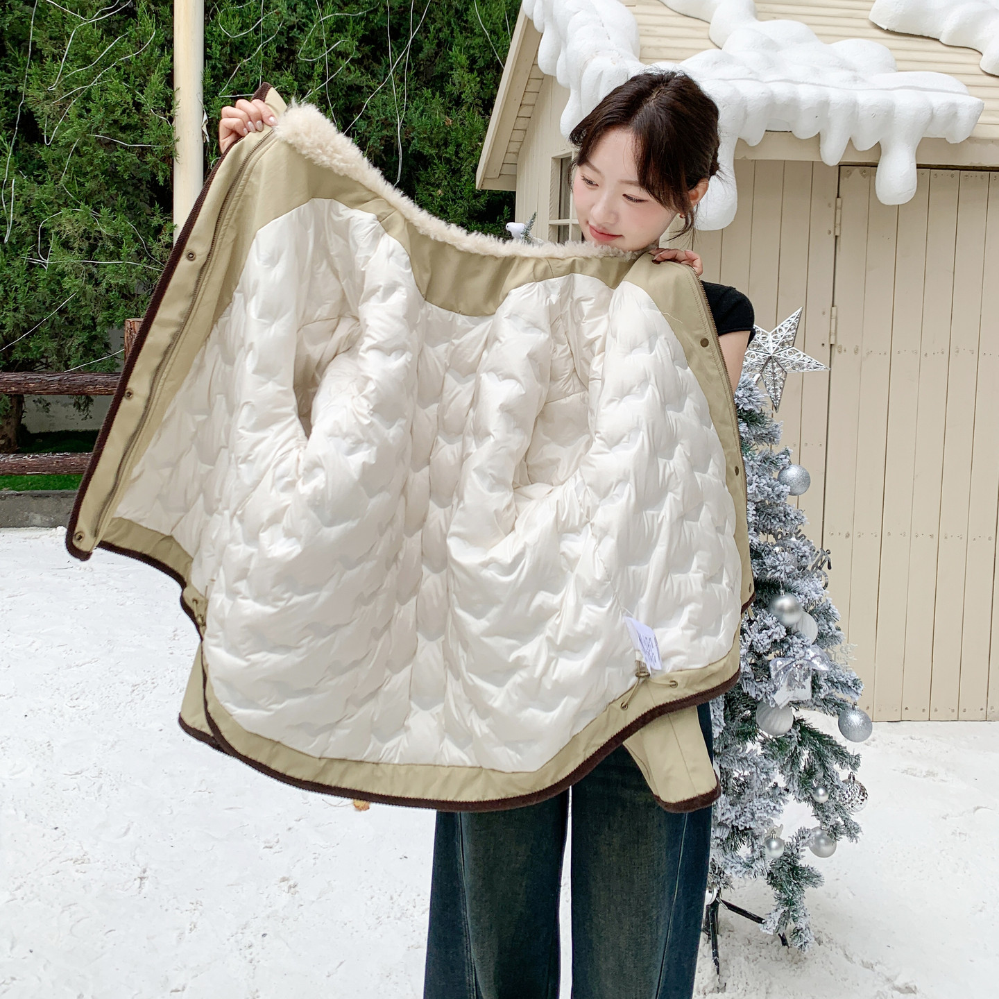 韩系复古羊羔毛大翻领派克服女冬季宽松保暖外套卡其色加厚羽绒服,女装羽绒服,2C166