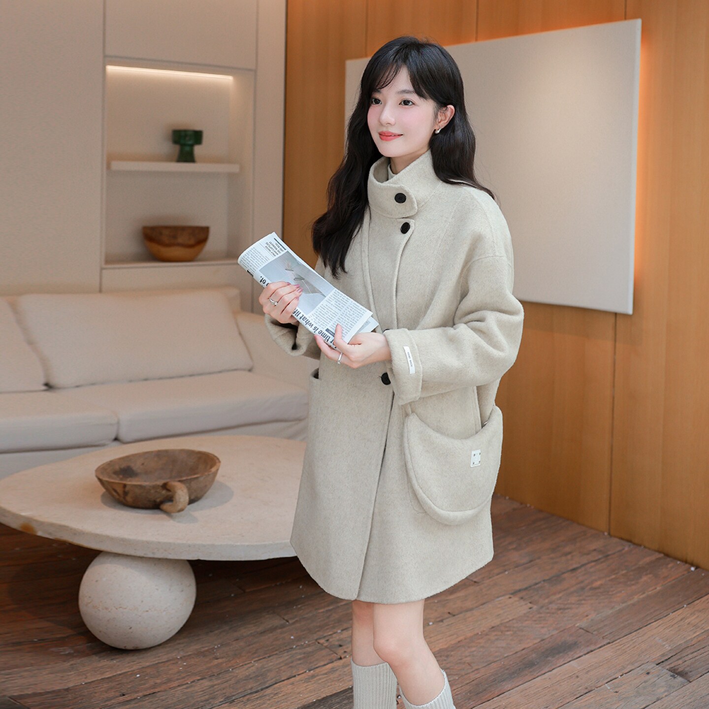 2025新款双面羊毛大衣女秋冬季中长款小个子短款韩系羊绒毛呢外套,女装羊绒大衣,2C218