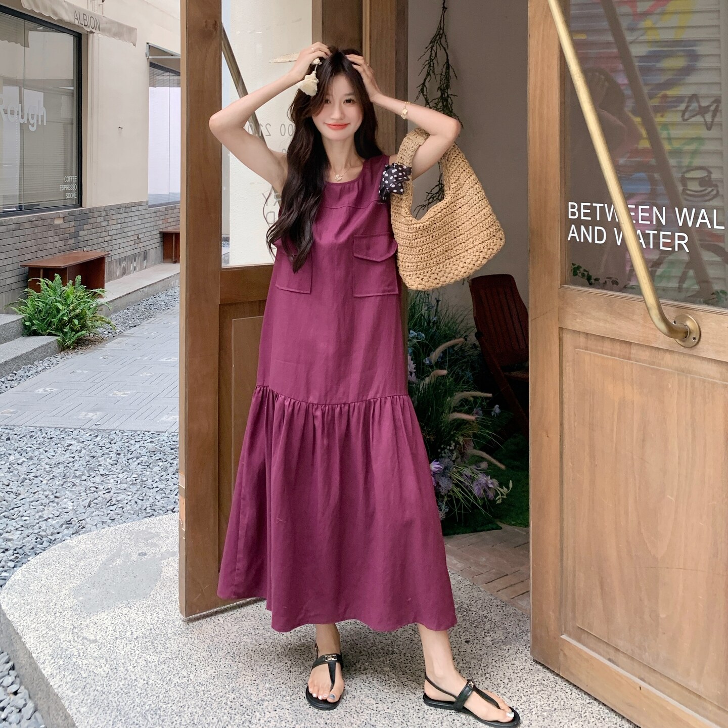 【现货】法式赫本风亚麻连衣裙2C327-8811-P155控228,女装连衣裙,2C327