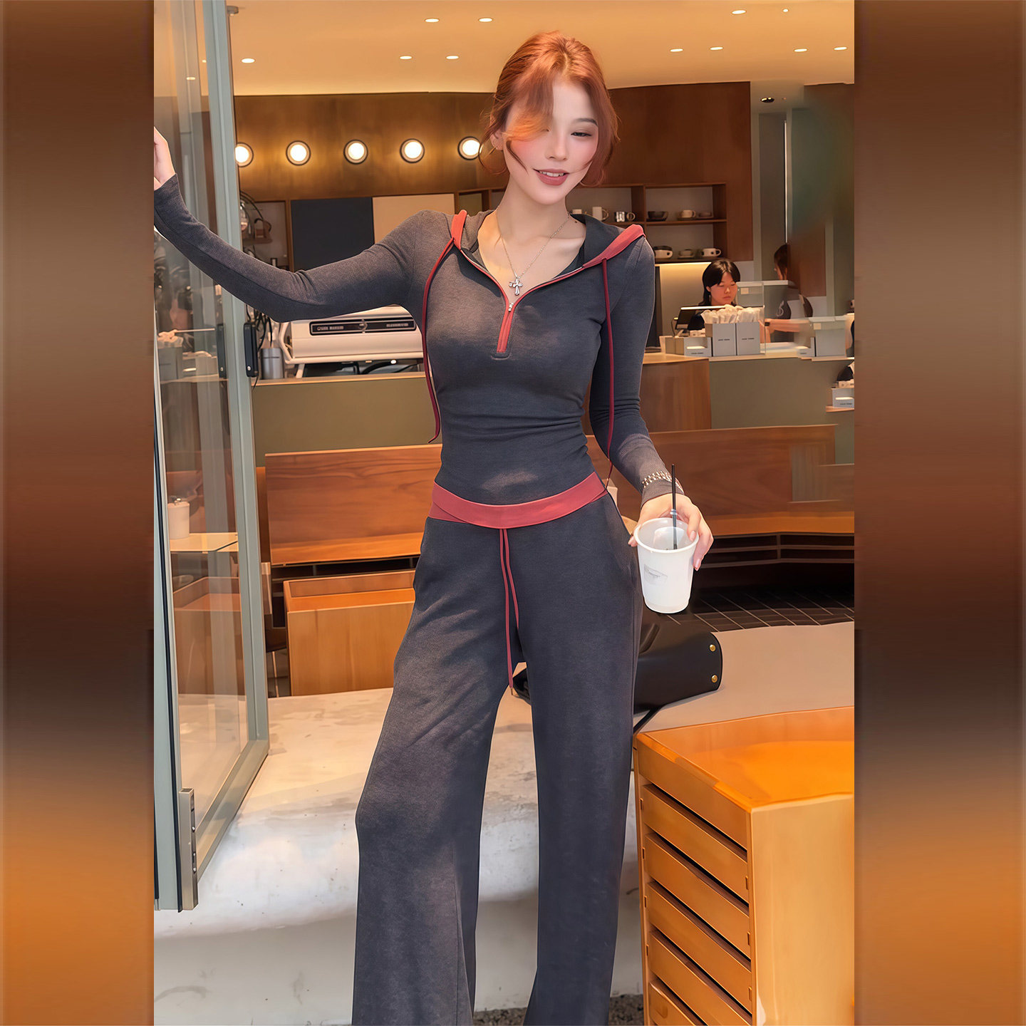 慵懒风一整套穿搭女春季时尚休闲撞色拼接长袖上衣阔腿长裤两件套,女装套装/套裙,2C310