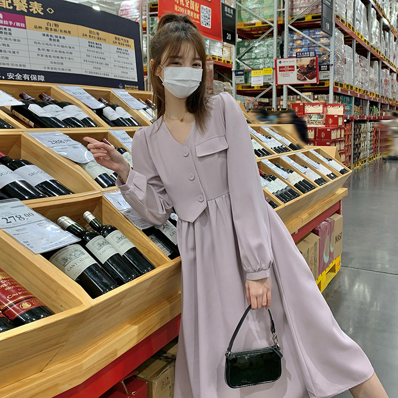法式减龄V领粉色连衣裙女2024春秋新款小个子宽松显瘦A字中长款裙,女装连衣裙,2C057