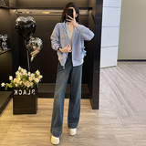 春女新款连帽拉链卫衣阔腿牛仔裤减龄时尚两件套，女装套装/套裙，2C310