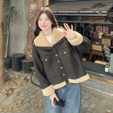现货咖色羊羔毛皮毛一体大翻领加厚外套5827-P195-K288，女装皮草，2C159