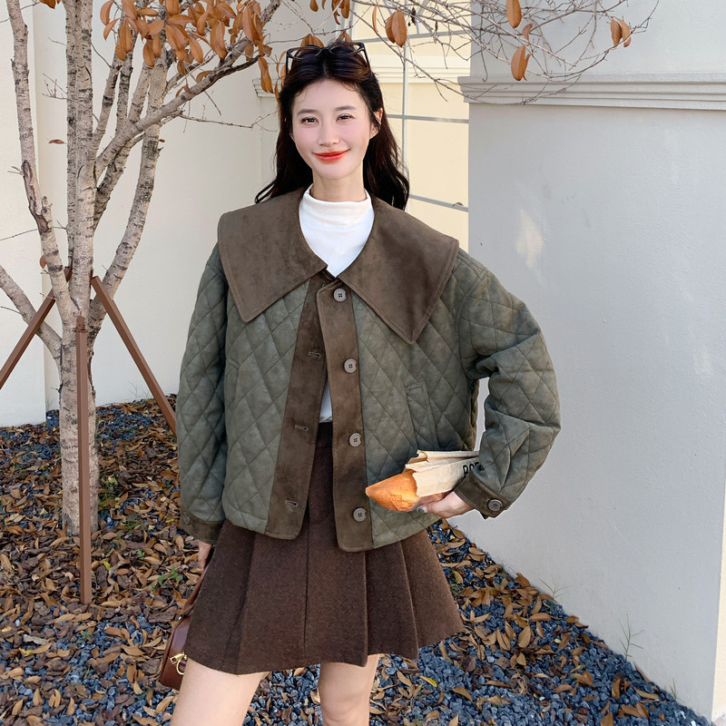 撞色拼接娃娃领麂皮绒夹棉外套女秋冬2025新款设计感减龄棉服,女装棉衣/棉服,2C159