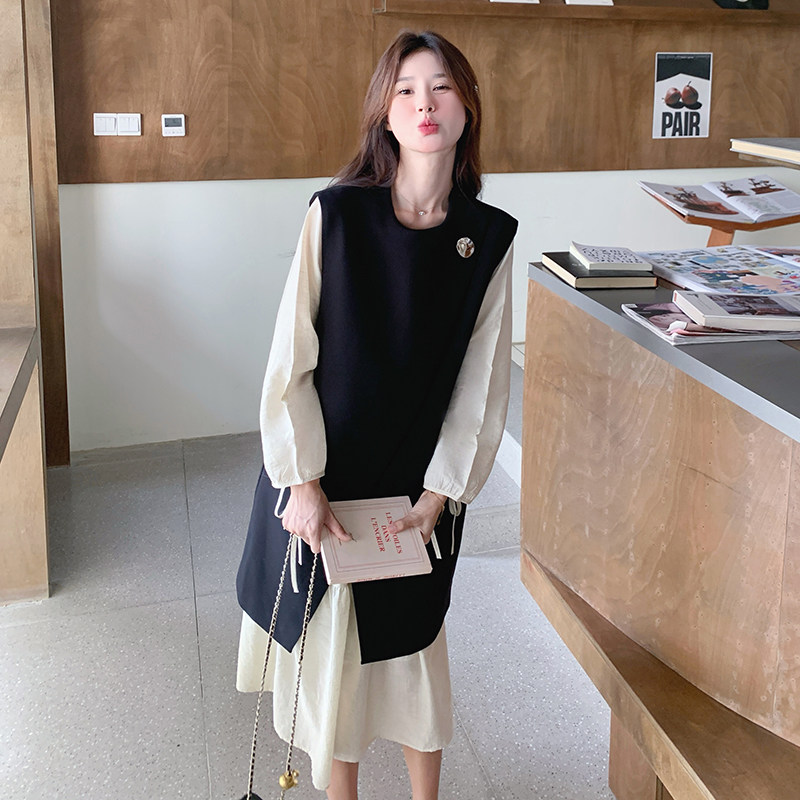 2025春季新款法式不规则开叉马甲长袖连衣裙高级感气质,女装连衣裙,2C115