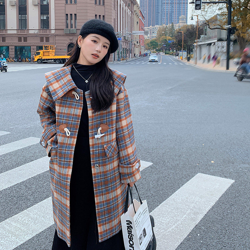 现货新款 复古格子大衣女秋冬学院风呢子牛角扣098-2207-P150K238图片