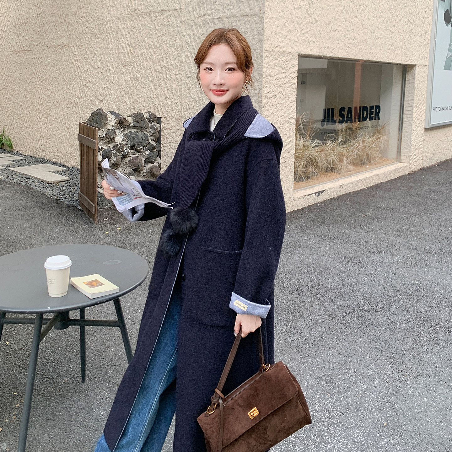 新款2B1142118P385K465羊绒大衣宽松显瘦针织帽羊绒外套,女装毛呢外套,2B114