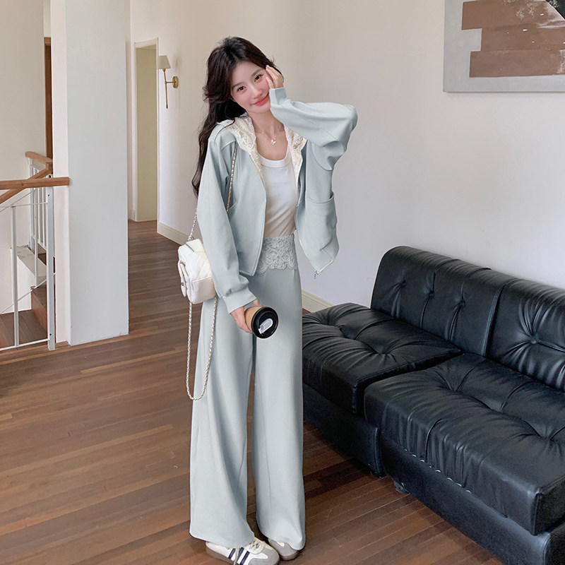 【档口现货】时尚拼接蕾丝连卫衣休闲裤套装女525-P185-K278,女装套装/套裙,2C126