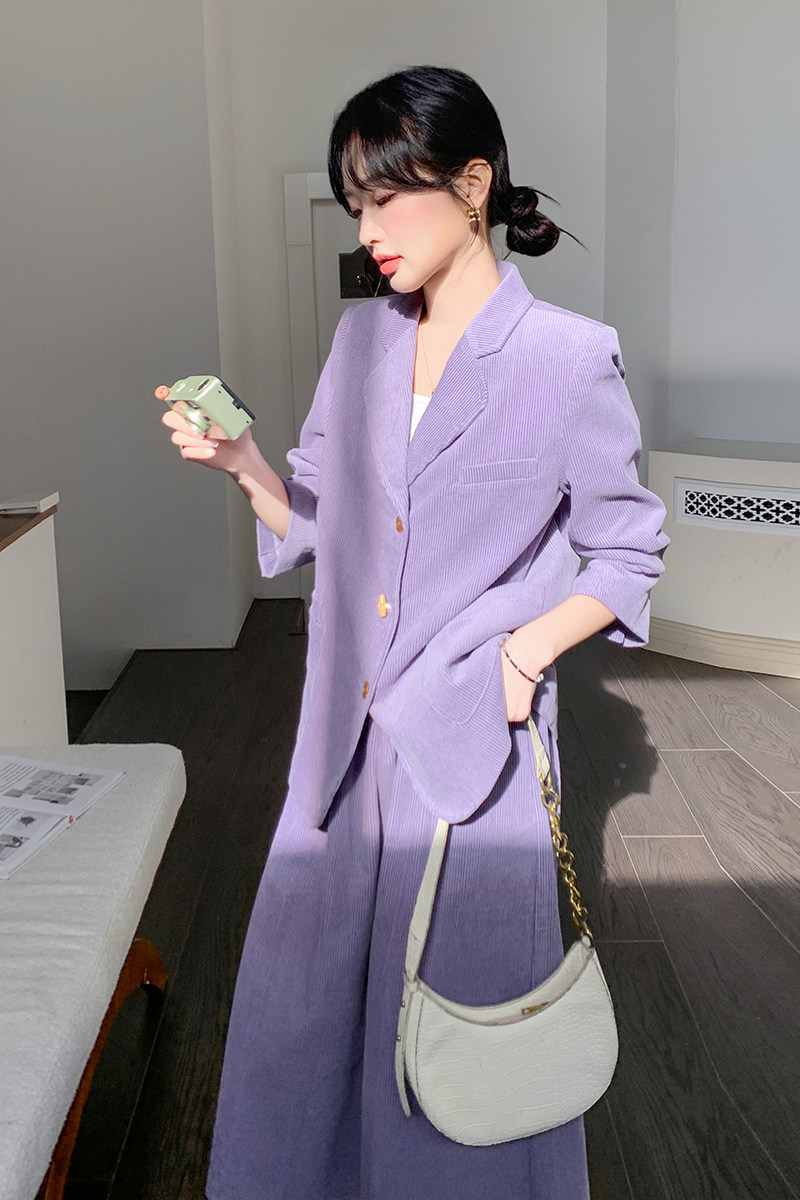紫色灯芯绒西装套装女2025春季新款高级感超好看气质半身裙两件套,女装套装/套裙,2C206