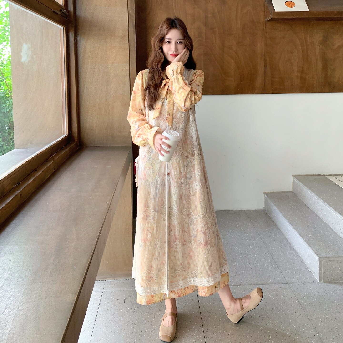 法式显瘦印花长裙罩衫套装女2025春秋季新款花边系带连衣裙两件套,女装套装/套裙,2D035