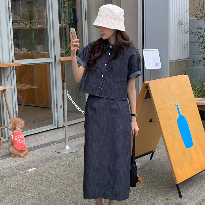 韩系复古牛仔套装裙女夏季2025新款高级感别致衬衫半身长裙两件套,女装套装/套裙,2C009