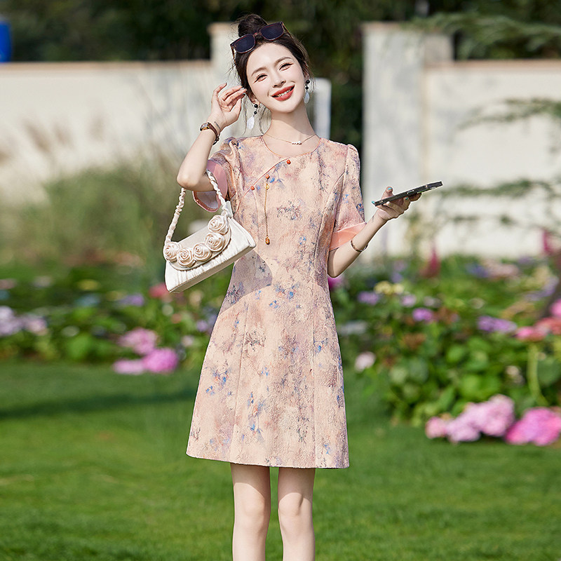 新中式印花改良旗袍连衣裙女2025夏季新款小个子修身减龄气质裙子,女装连衣裙,奕可儿