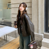 港风复古咖色翻领皮衣外套女春秋2025新款小个子PU夹克机车服爆款，女装短外套，2C087