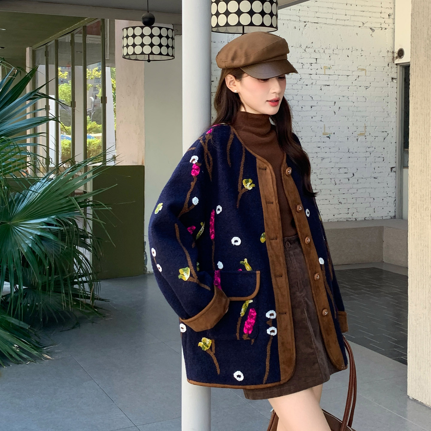 中长款刺绣厚款通勤宽松型女装女士精品毛呢外套长袖外套,女装毛呢外套,2C091