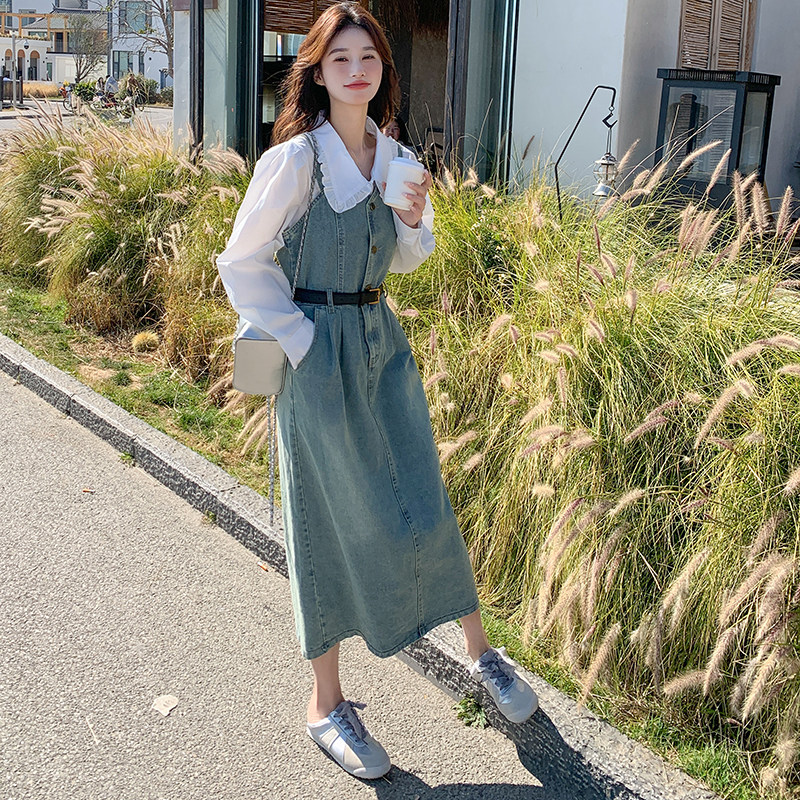 娃娃领衬衫牛仔背带裙套装女2025年秋季新款收腰设计感a字连衣裙,女装套装/套裙,2C159