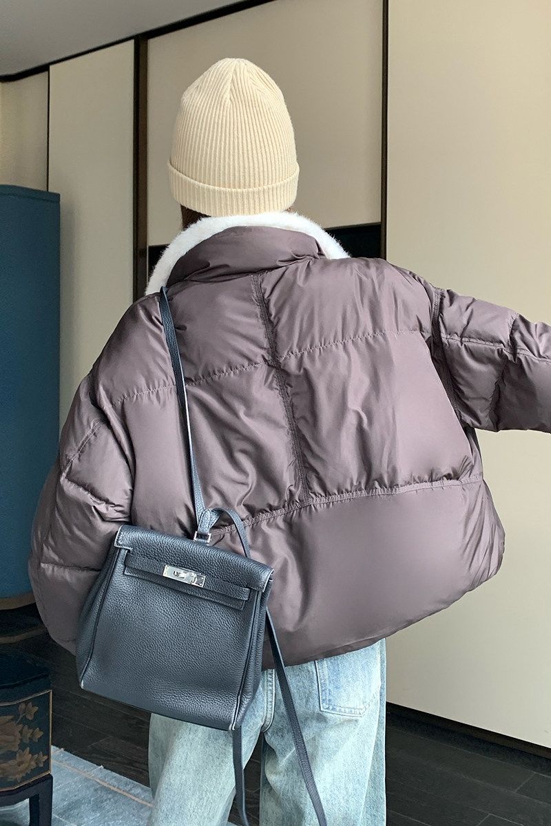 LeceaAlice短款羽绒服女2025冬季新款韩版拼接毛绒白鸭绒面包服,女装短外套,2C088