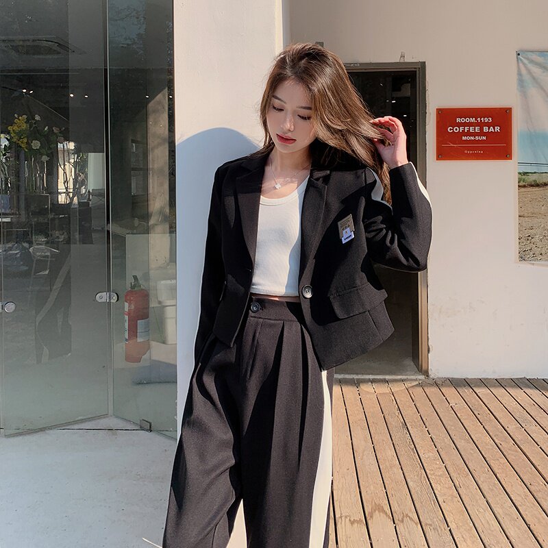 韩系高级感短款西装上衣套装女2025春秋季新款宽松显瘦长裤两件套,女装套装/套裙,2C311