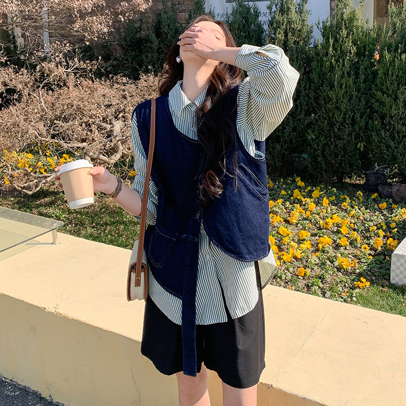 条纹拼接假两件牛仔衬衫外套女春秋2025新款美式复古超好看超火,女装衬衫,2C092