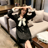 法式小香风连衣裙女2025春季新款高级感气质收腰显瘦蝴蝶结小黑裙，女装连衣裙，2C029