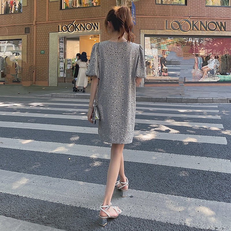 现货新款高级感重工工艺亮片泡泡袖T恤裙2328P110K168,女装连衣裙,2C029