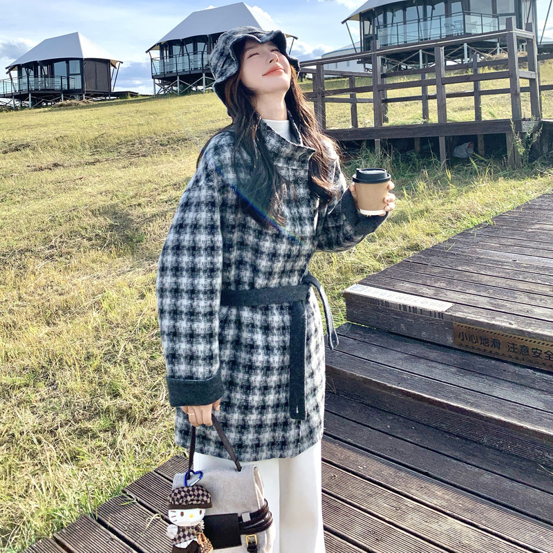 蓝色格子立领宽松羊毛双面羊绒大衣女冬季新款中长款加厚毛呢外套，女装羊绒大衣，2C056