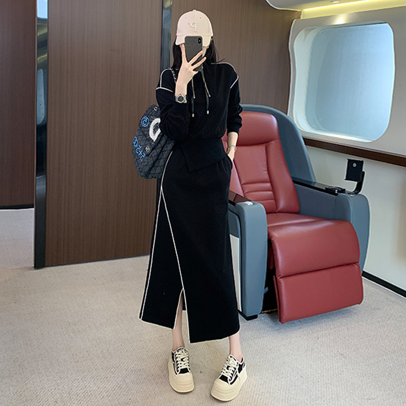 女秋季欧货时尚设计感高腰卫衣开叉半身裙套装图片