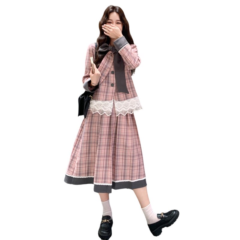 学院风格子西装套装女2025春秋新款小个子设计感减龄半身裙两件套,女装套装/套裙,2C230