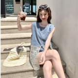 现货：夏装新款牛仔拼接蕾丝马甲短裤两件套2C135-8866P145K218，女装套装/套裙，2C135