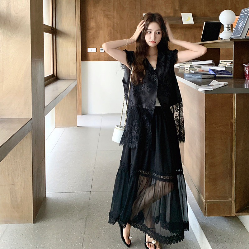 法式提花马甲蕾丝半身裙两件套女2025夏季新款网纱拼接裙子套装,女装套装/套裙,1D066-1