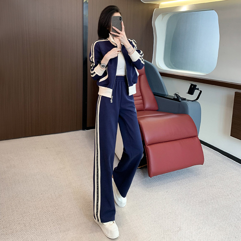 潮牌立领时尚拼接条纹短款外套阔腿裤两件套,女装套装/套裙,2C310