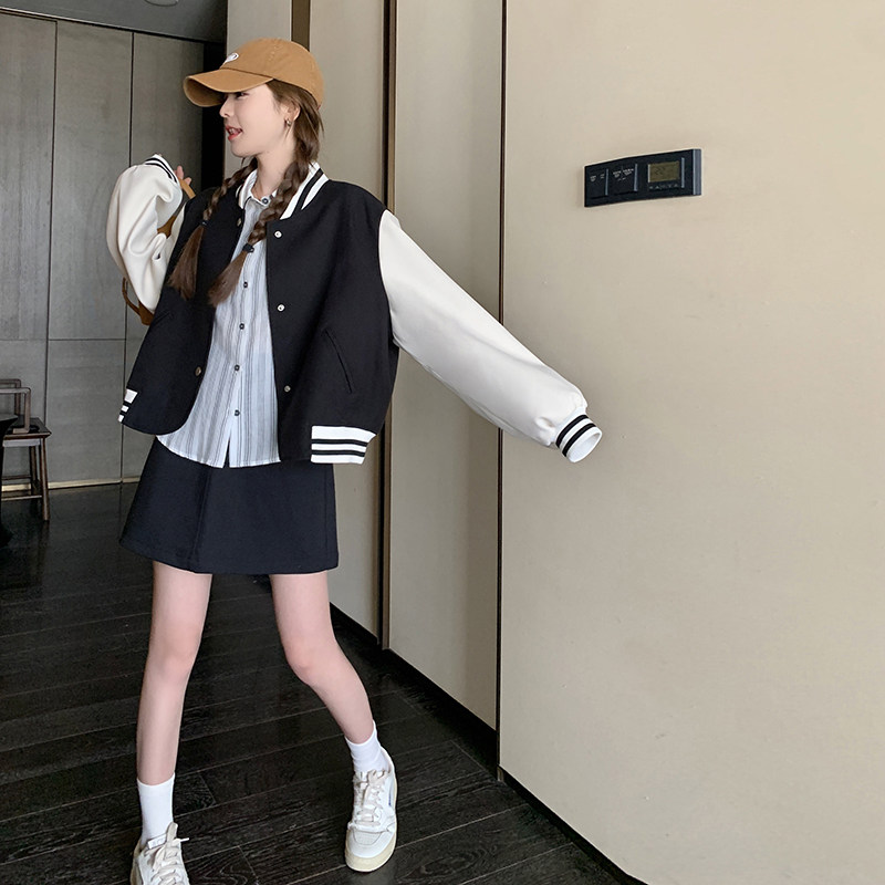 新品现货附买家秀拼色棒球服外套+半身裙裤套套196A-P165K22,女装套装/套裙,2C075