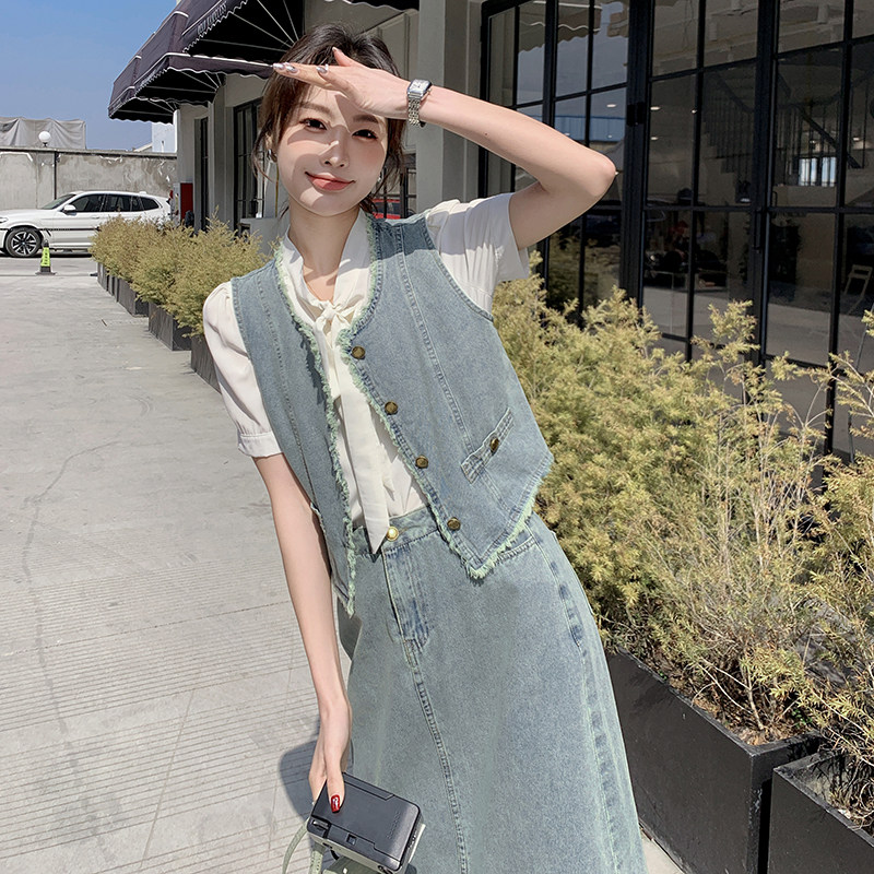 复古时尚牛仔套装裙女2024新款春夏洋气牛仔马甲衬衣半身裙三件套,女装套装/套裙,2C057
