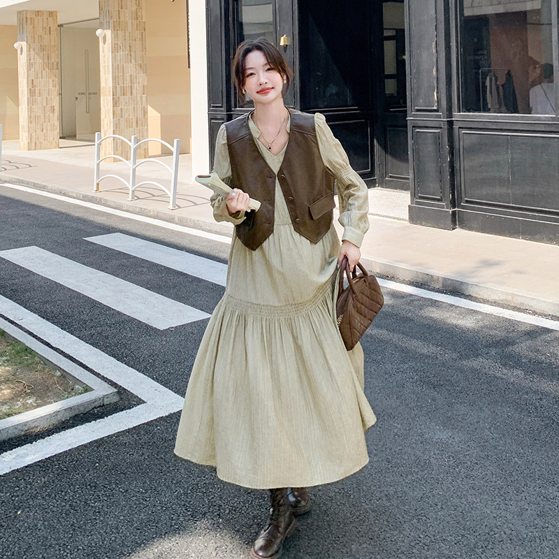 复古PU皮马甲连衣裙套装女2025年春秋季新款韩版显瘦衬衫裙两件套,女装套装/套裙,2C203