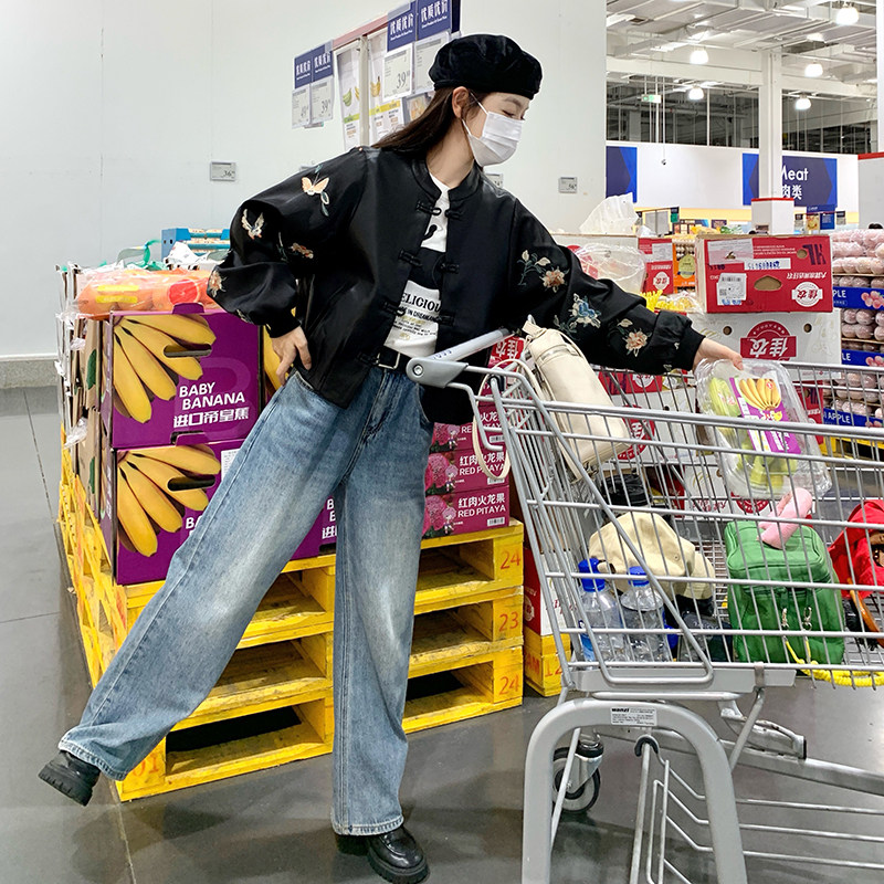 黑色新中式国风刺绣皮衣外套女短款2025春秋新款小个子设计感夹克,女装皮衣,2C098
