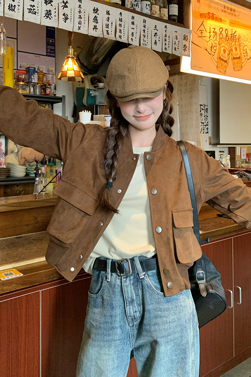 美拉德咖色工装外套女春秋2025新款超火好看高级小众复古夹克上衣,女装短外套,2C025