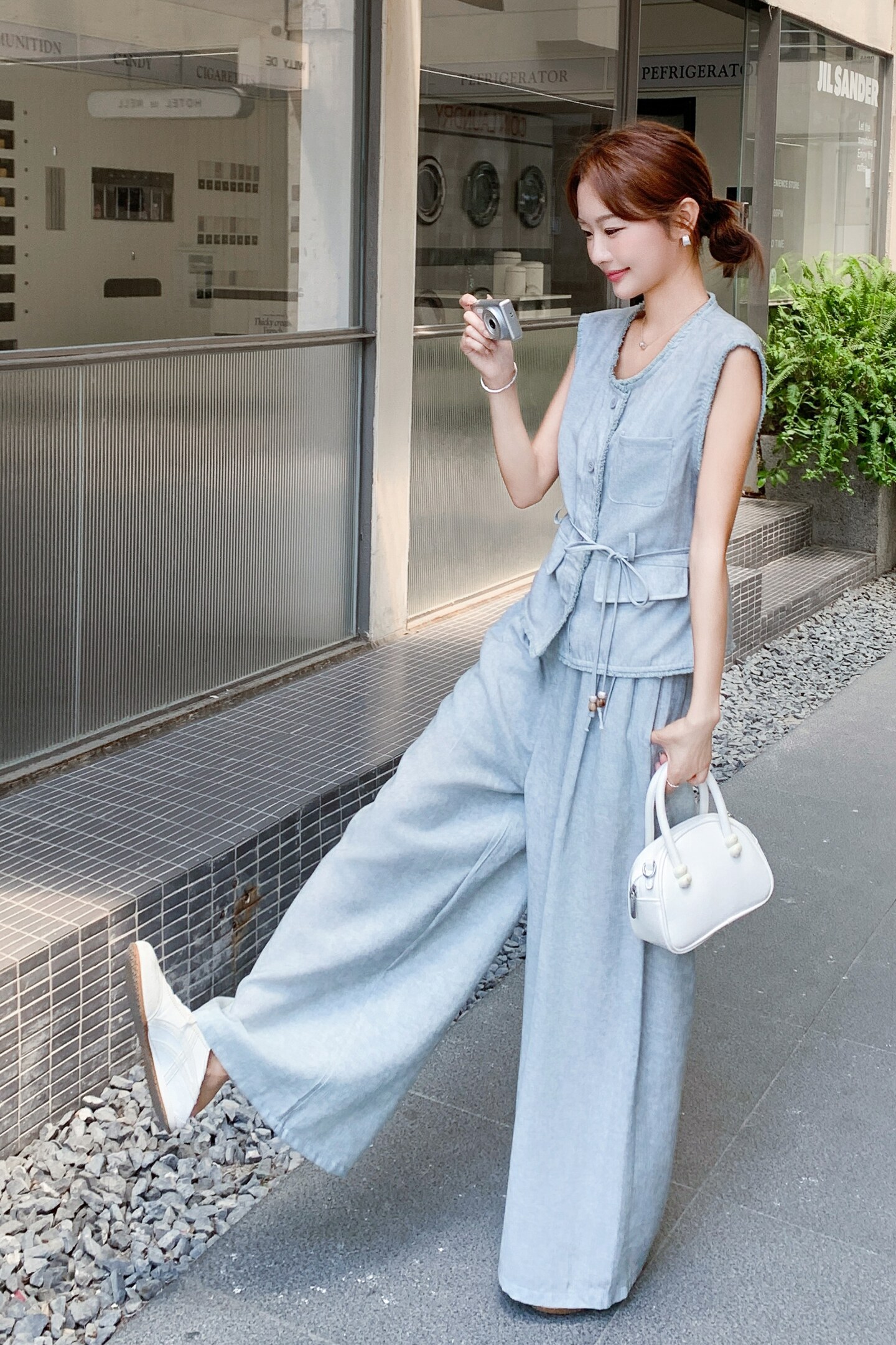韩系休闲蓝灰色套装女2025夏新款高级松弛感穿搭马甲阔腿裤两件套,女装套装/套裙,2C159